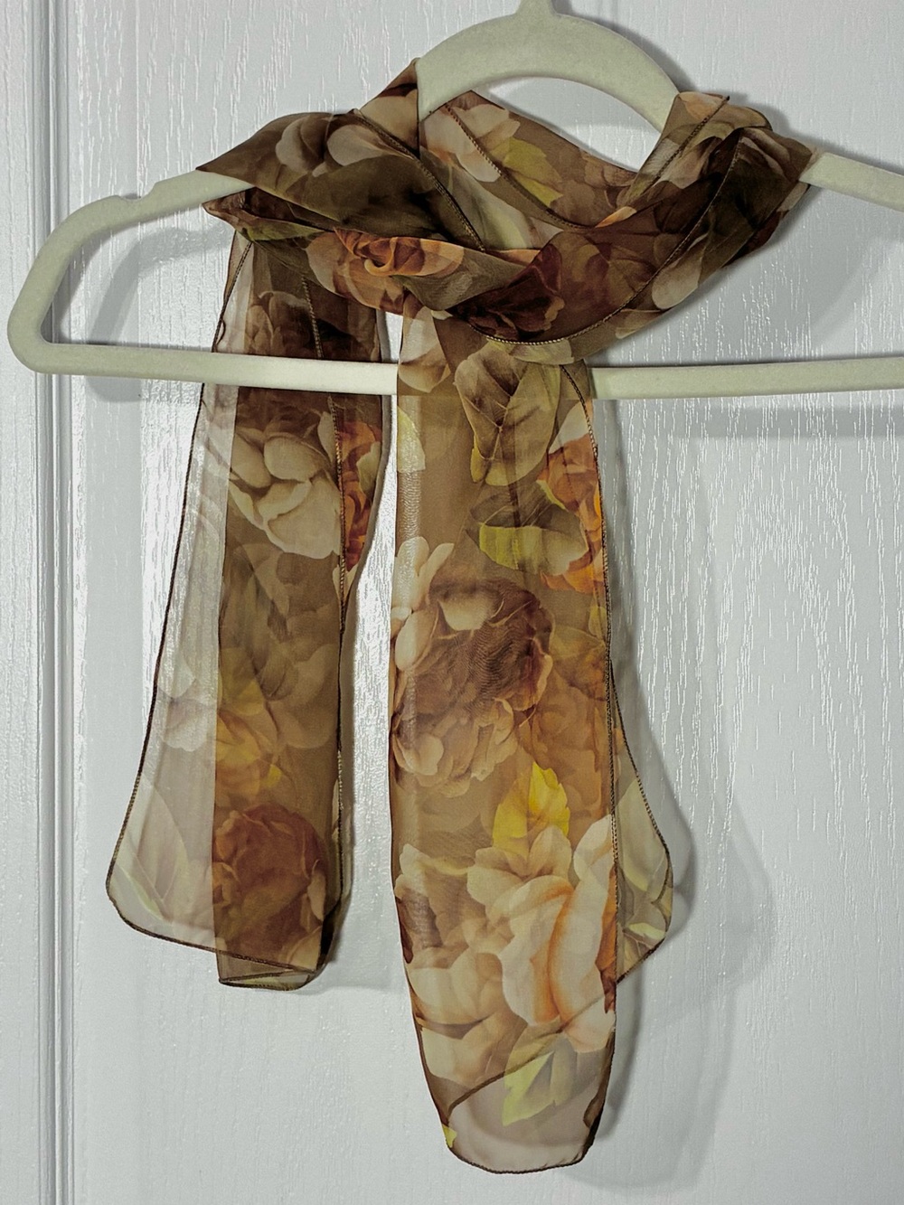 80s Neutral Floral Rose Sheer Chiffon Rectangular Scarf 54”L Vintage